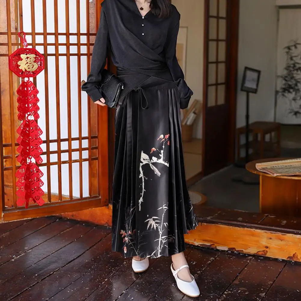 Traditional Chinese Clothing Elegant Chinese Style Women's Maxi Skirt with Vintage Floral Print High Waist Pleated Lace-up for A maternity photography boho pregnant dresses sides slit with strapless pleated chiffon bohemian photo shooting pregnancy dress