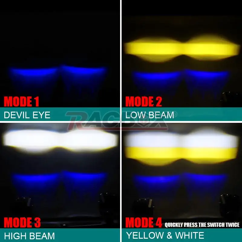 90W/100W Motorcycle LED Spotlight Blue Devil Eyes High Power Headlight Lens Whit