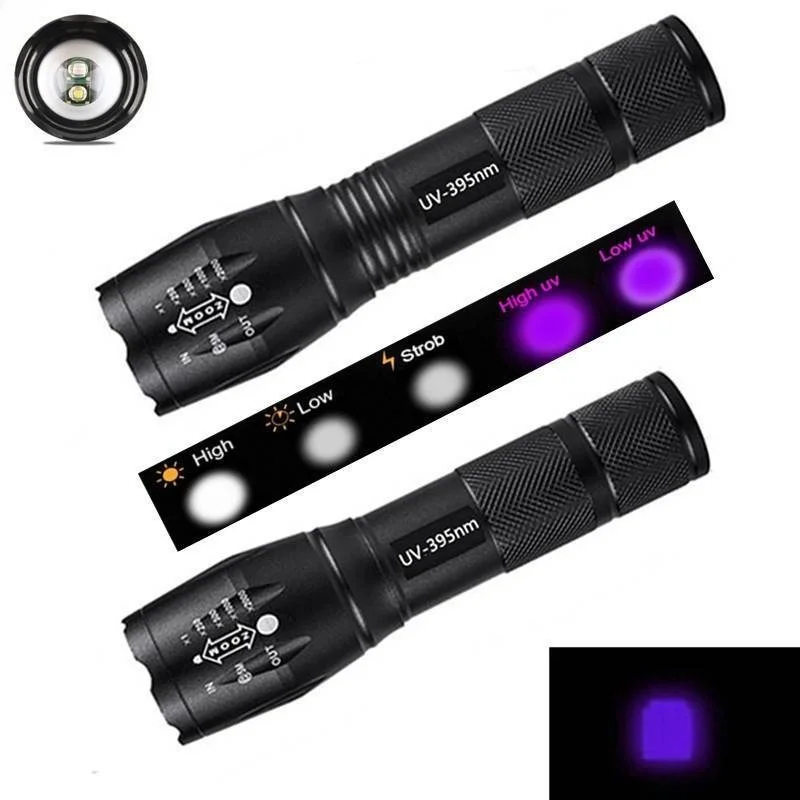 Zoom Fluorescent Black Light Ultraviolet Flashlight LED Flashlight LED Flashlights UV Flashlight LED Torch Light Ultraviolet White Light Dual LED Flashlight Lamp Detection