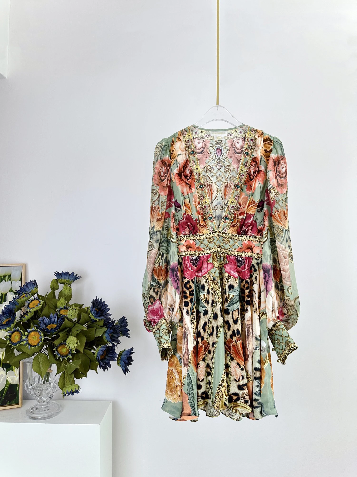 

EVACANDIS 100% Real Silk Luxury High Quality Long Puff Sleeve V-Neck Mini Dress Floral Leopard Printing Vintage Bohemian Sweet