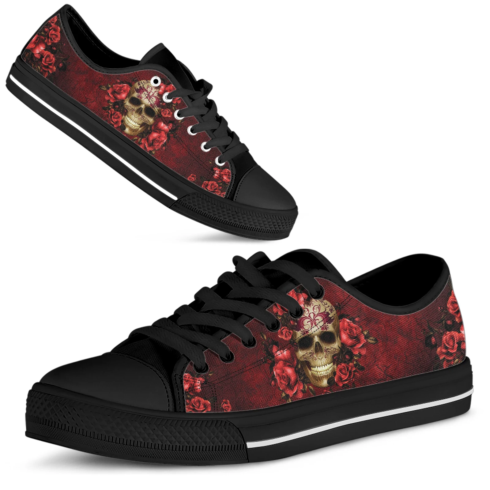 

ELVISWORDS Casual Women Vulcanized Shoes Flower Skull Print Low Top Flat Shoes Canvas Ladies Autumn Winter Walking Shoes Lace Up