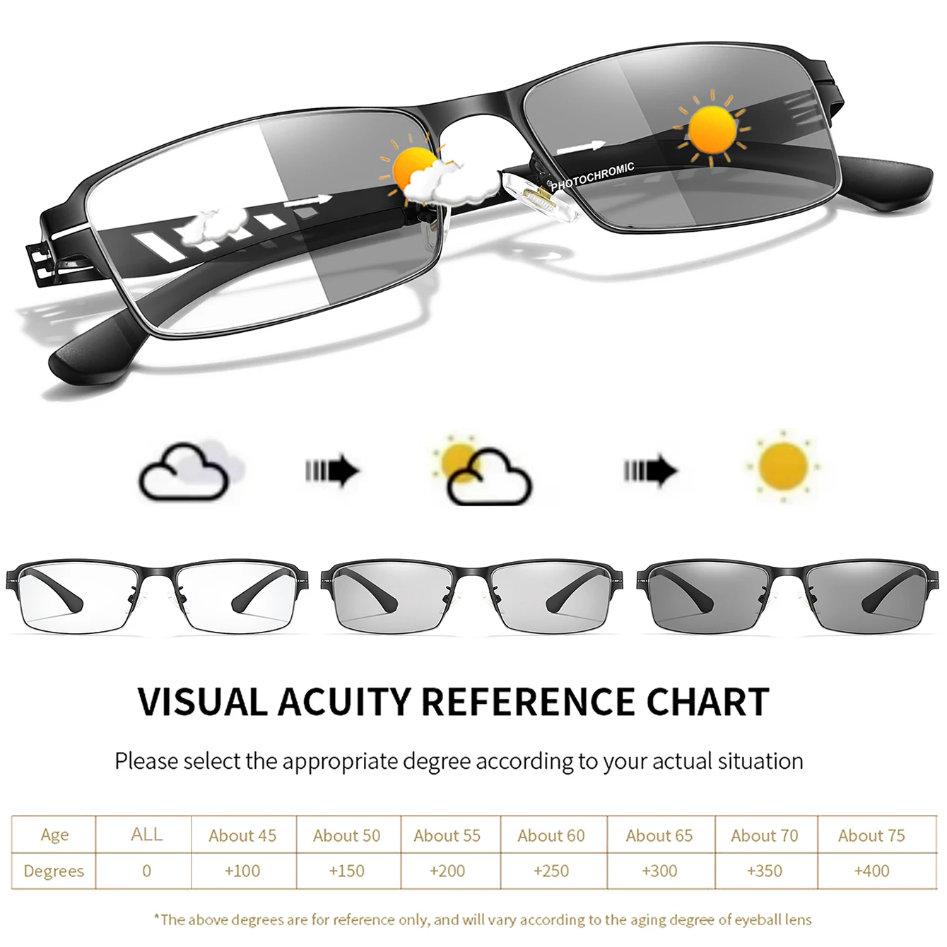 Photochromic Reading Glasses Metal-Frame Vintage Rectangular Eyewear