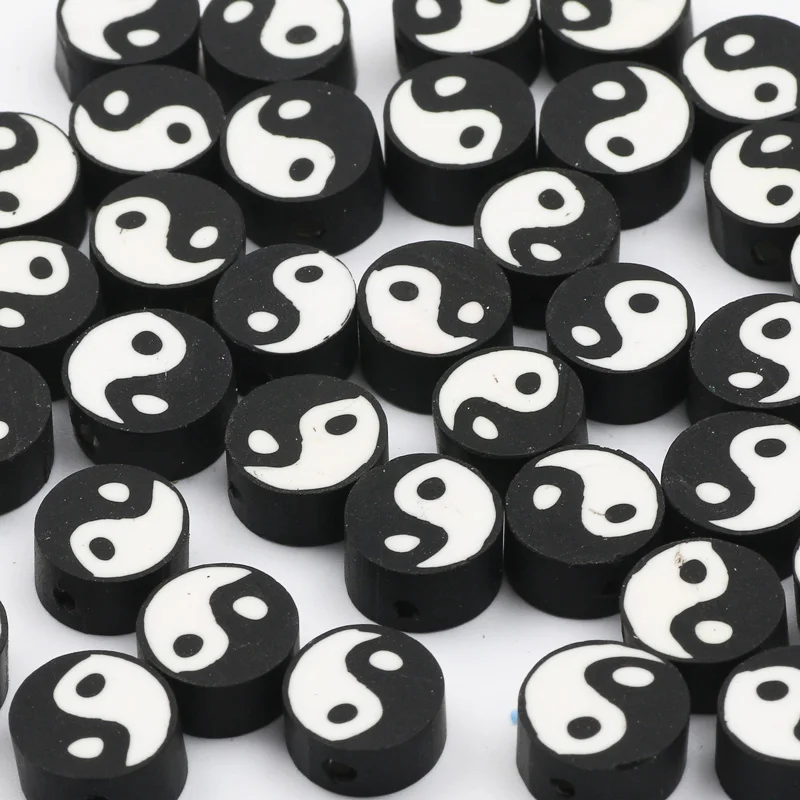 Black White Clay Beads 20pcs/lot Beads With Cartoon Pattern Polymer Beads  For Jewelry Making DIY Key Chain Earrings Accessories