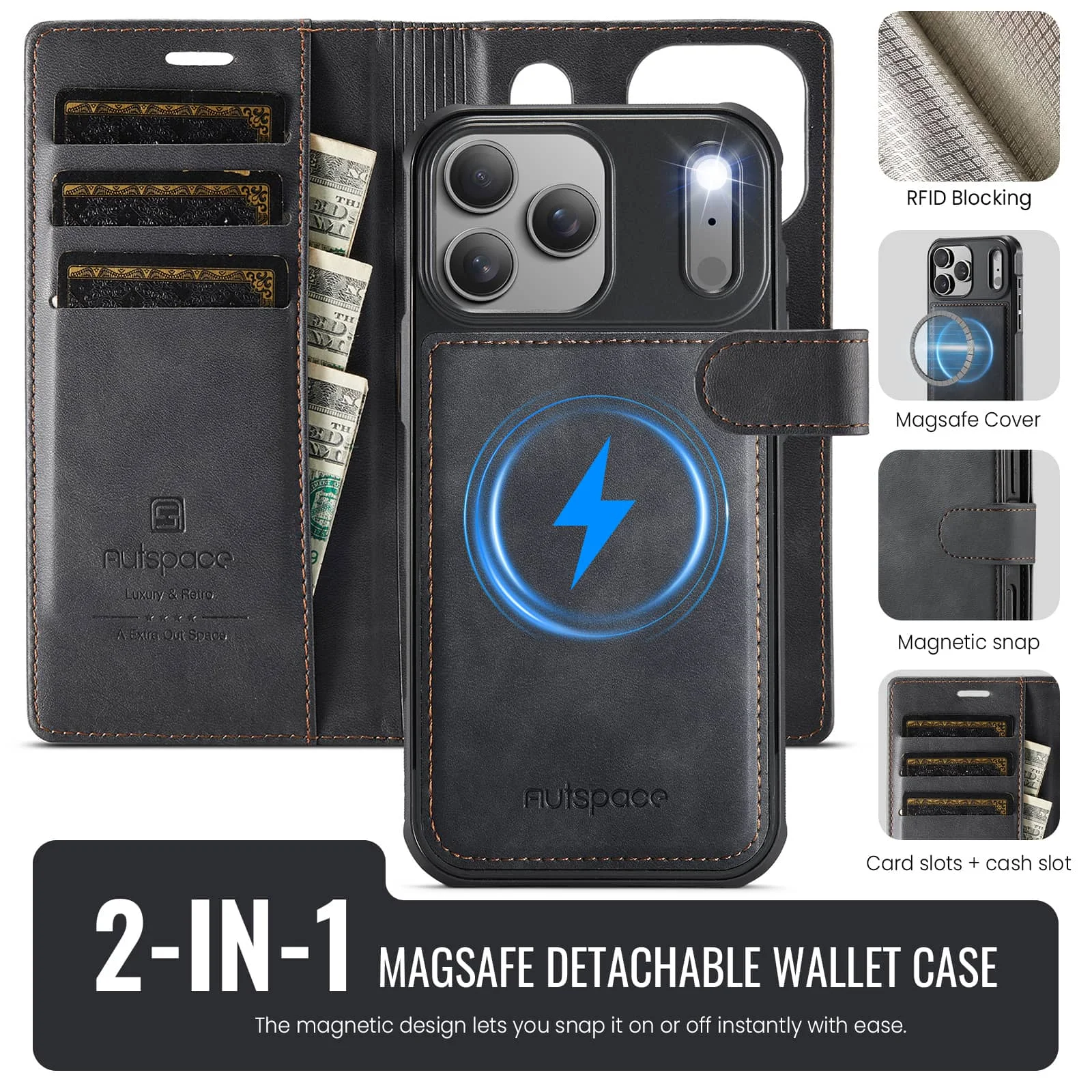 Deluxe Detachable Wallet Case - 2-in-1 Flip Folio Card Holder with RFID Protection and Shockproof Kickstand