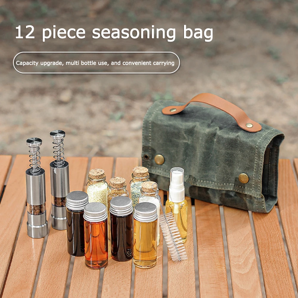 12pcs Spices Bottle Kit Reusable Portable BBQ Spice Bottle Condiment Jar Holder Picnic Bag Travel BBQ Camping Supplies