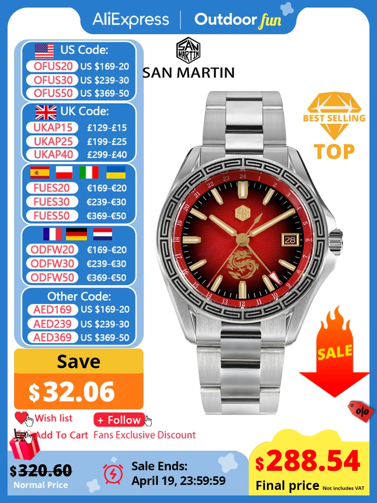 

Мужские часы San Martin 2024 ограниченный китайский стиль 39 мм NH34 GMT автоматические водонепроницаемые светящиеся часы 100 м SN0129