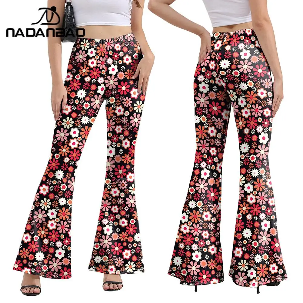 

Nadanbao Women High Waisted Hippie Retro Daisy Print Straight Wide Leg Baggy Loose Casual Trousers Y2K Streetwear Flared Pants