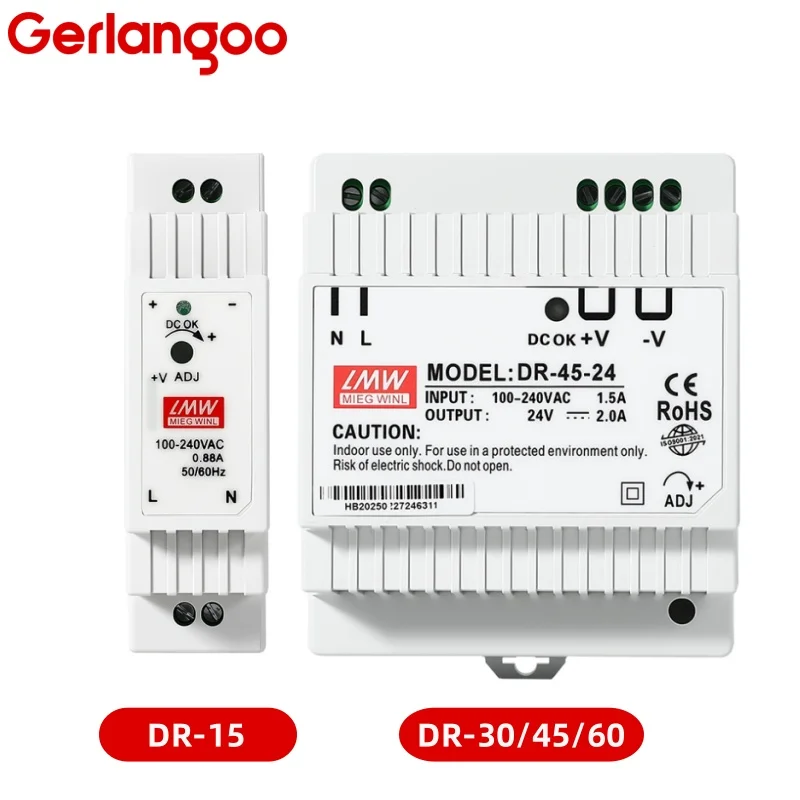 Universal Industrial Din Rail Power Supply Switch, Single Output, 100-240VAC Input, Multi-Wattage Options