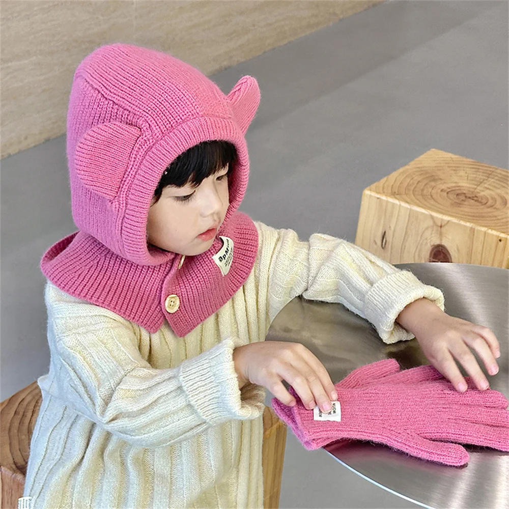 Cute Bear Ear Children Hat Scarf One Piece Winter Warm Kids Beanie Cap Solid Color Knitted Ear Protection Caps Balaclava Bonnet
