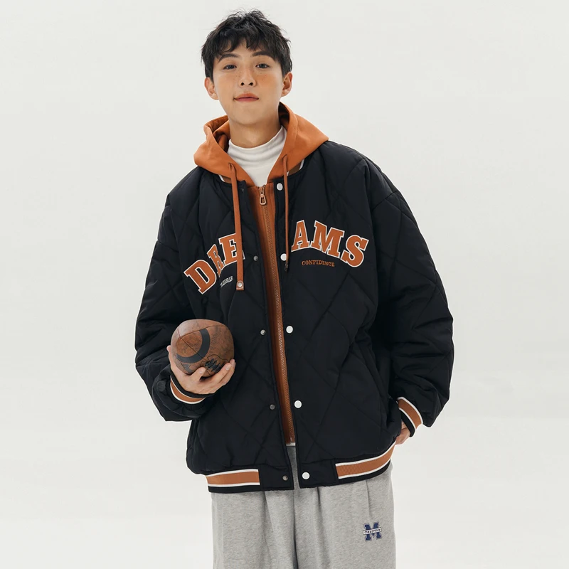 Street Style Men Winter Fake Two-Piece Hooded Baseball Clothes Jacket Unisex Parkas Thick Warm Oversize Cotton-Padded Windbreake