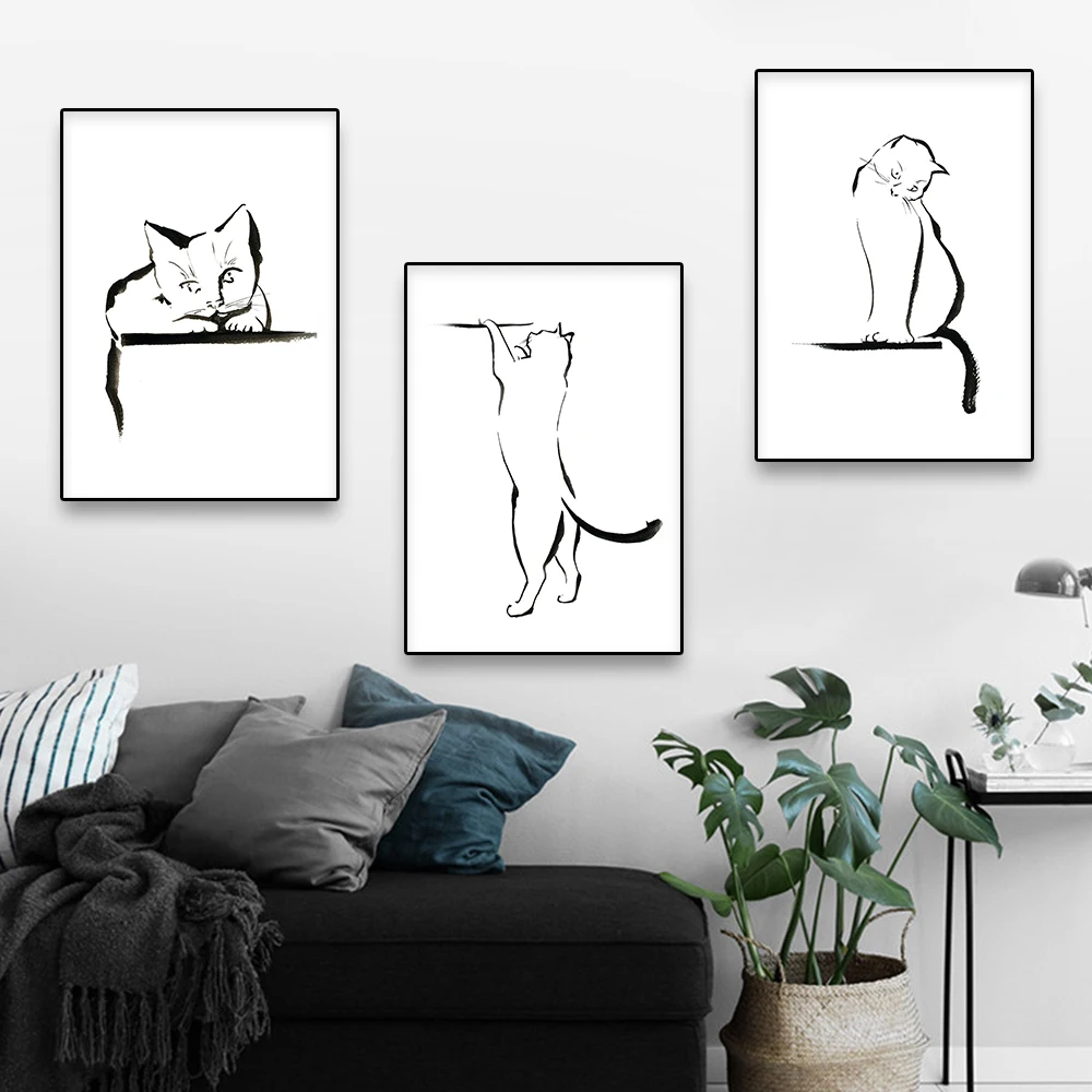 

Minimalist Black And White Cat Line Form Art Print Canvas Posters For Office Home Living Room Fashion Modern Decoration Painting