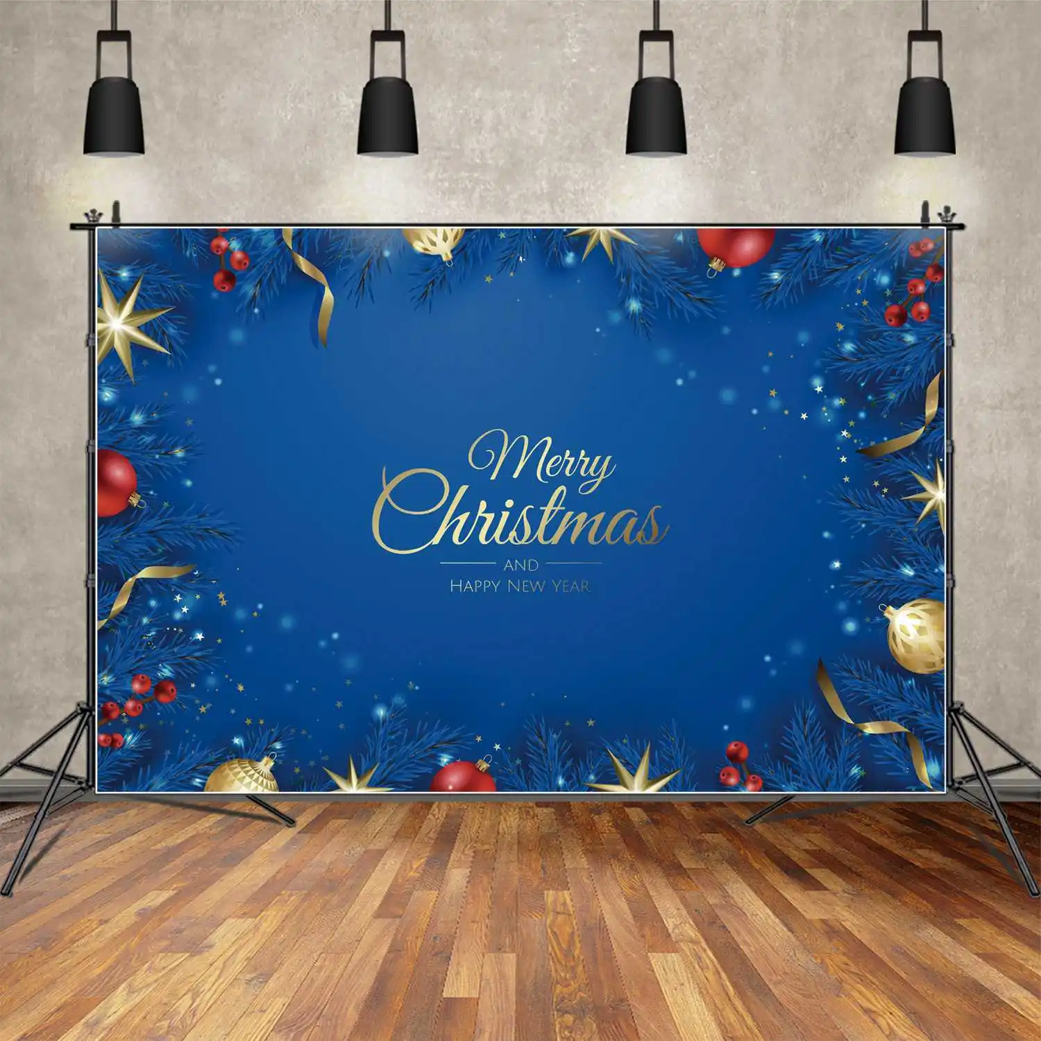 

Голубой фон MOON.QG с надписью "Merry Christmas", плакат, детский Фотофон, с Новым годом, Золотая Звезда, лента, шар, украшения