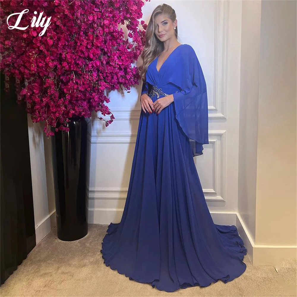

Lily Royal BlueEvening Gown Elegant Chiffion Prom Dress V Neck Wedding Evening Dress Custom Size Batwing Sleeves robes de soirée