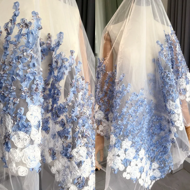 Tissu Mousseline 3D Brodé Perles Et Fleurs - 3m De Ruban Dentelle Vintage Pour Robes Mariage Et Couture