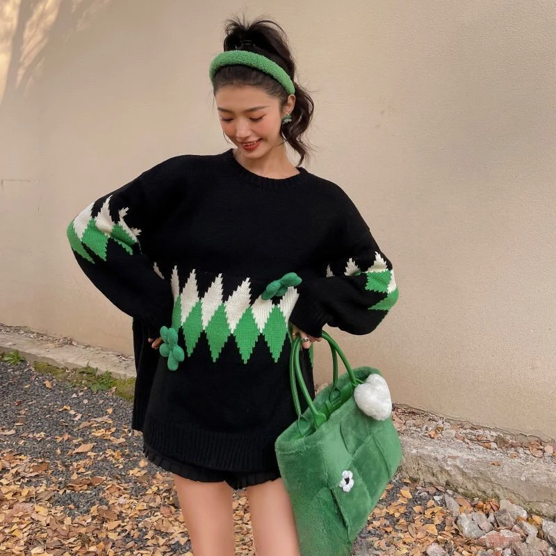 

Round O Neck Knitted Top for Women Plaid Pullovers Long Black Ladies Sweaters Y2k Fashion Korea Streetwear Sleeve Modern Crochet