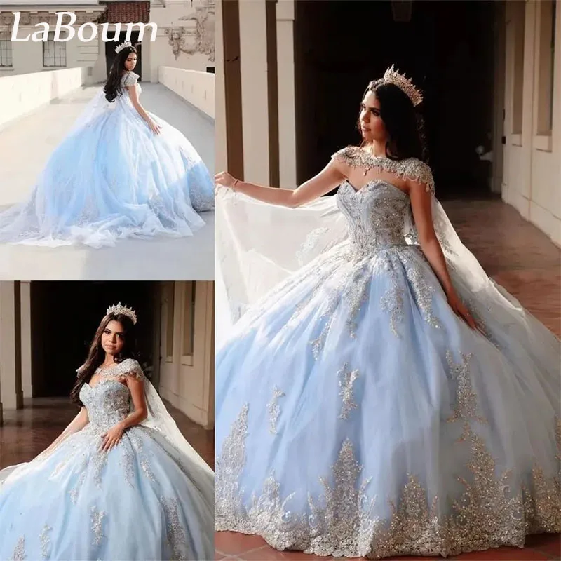 

LaBoum Women’s Light Blue Quinceanera Dresses Elegant Appliqued Beaded Sweetheart Ball Gown with Cape Vestidos De 15 Sweet 16