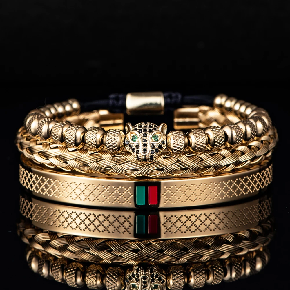 Bracelet Jewelry Luxury Handmade Braiding Men Pave CZ Leopard Head Enamel Green Red Stainless Steel