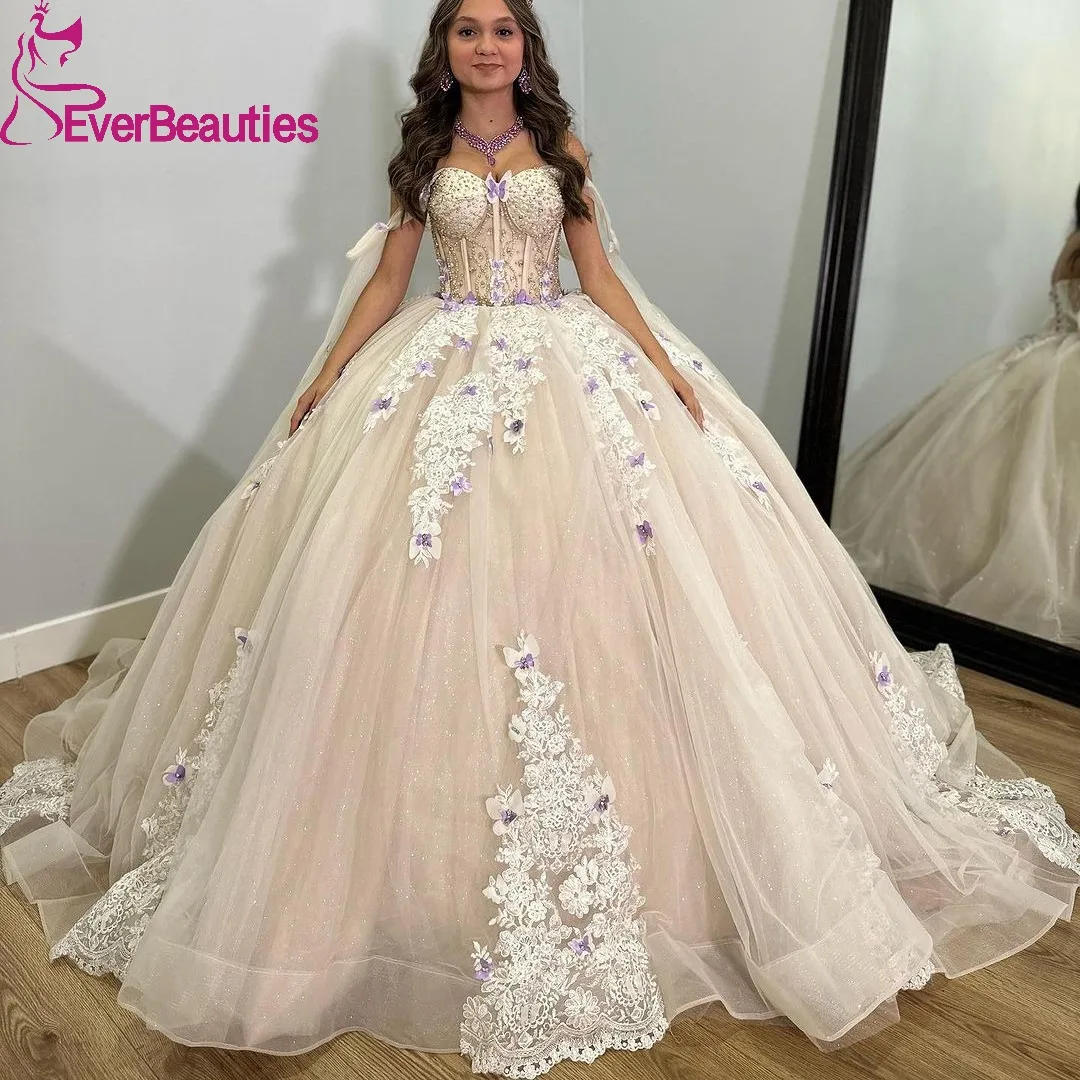 

Off Shoulder Quinceanera Dresses for Women Tulle Lace Appliques Sweet 16 Ball Gown Prom Dresses Long Vestidos De 15 Quinceañera