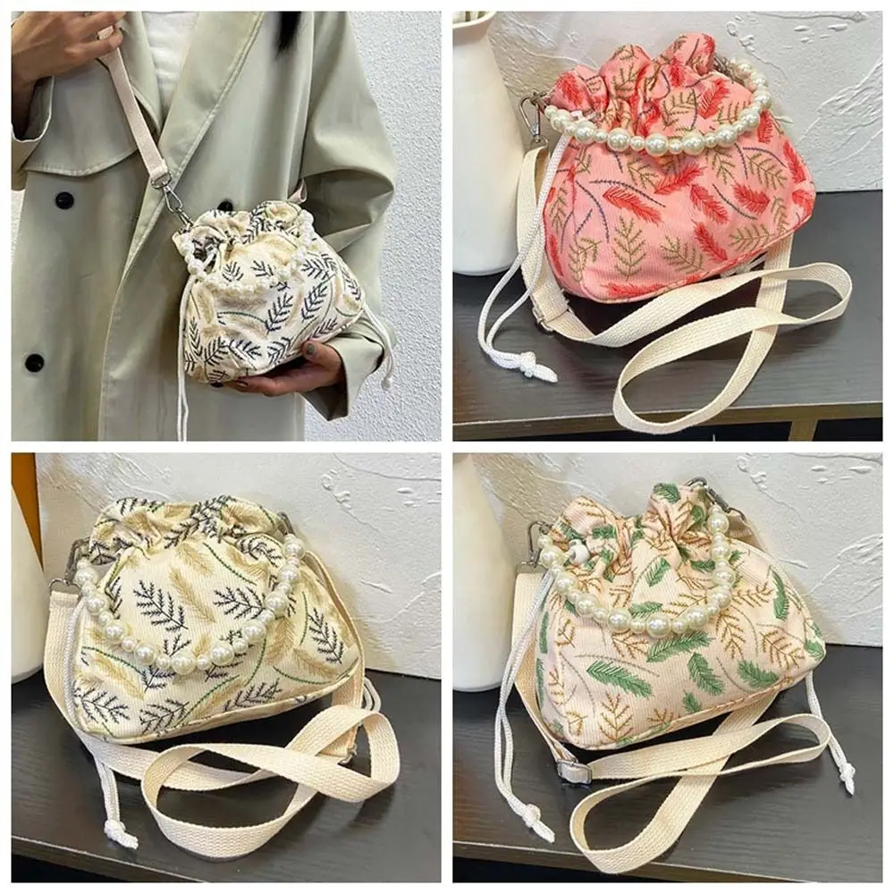 

Leaf Hanfu Drawstring Crossbody Bag Korean Style Purse Wallets Pearl Handbag Message Bag Large Capacity