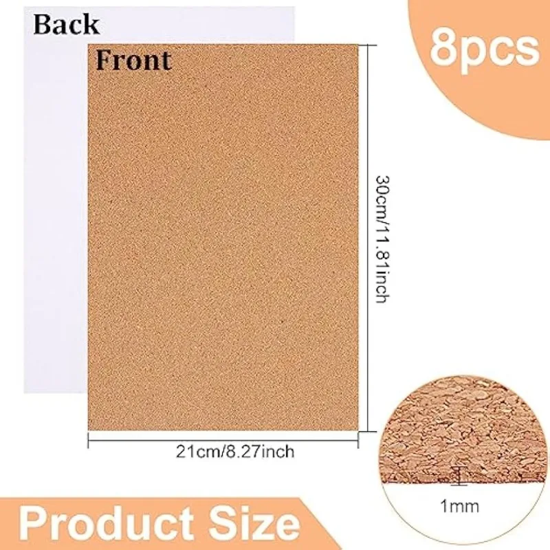 Self Adhesive Cork Sheets 8 Pack Self-Adhesive Cork Sheets 1mm Thick A4 Rectangle Insulation Cork Backing Sheets for Coaster, Wall Decoration, Halloween