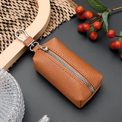Versatile Leather Key and Coin Organizer Pouch with Zipper (Brown)
