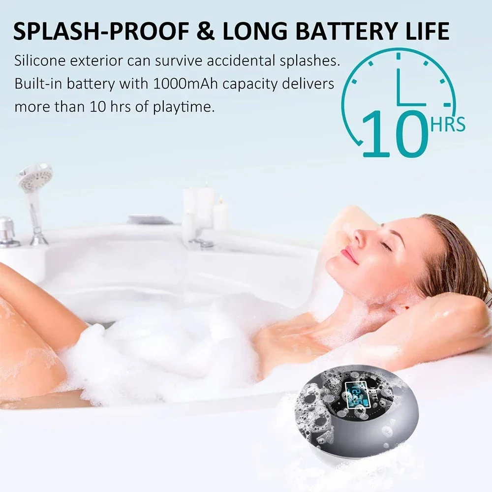 Waterproof Shower Speakers Wireless Bluetooth FM Radio Music Player Hands-free Call Super Long Playback LCD Clock Display
