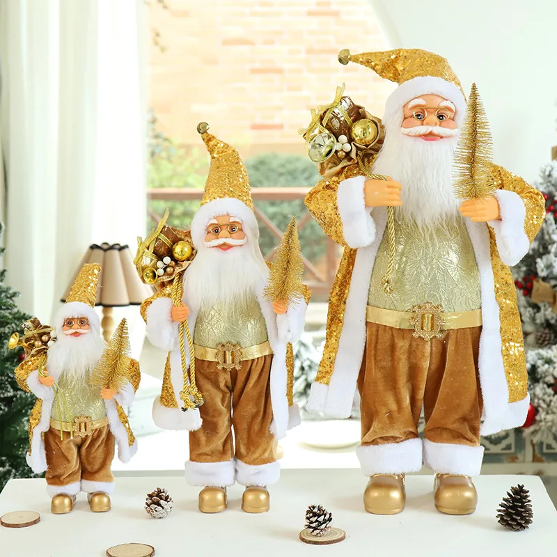 

New Year 2023 Gold Christmas Santa Claus Doll Standing Big Navidad Plush Toy Kids Xmas Gift Christmas Tree Decorations for Home
