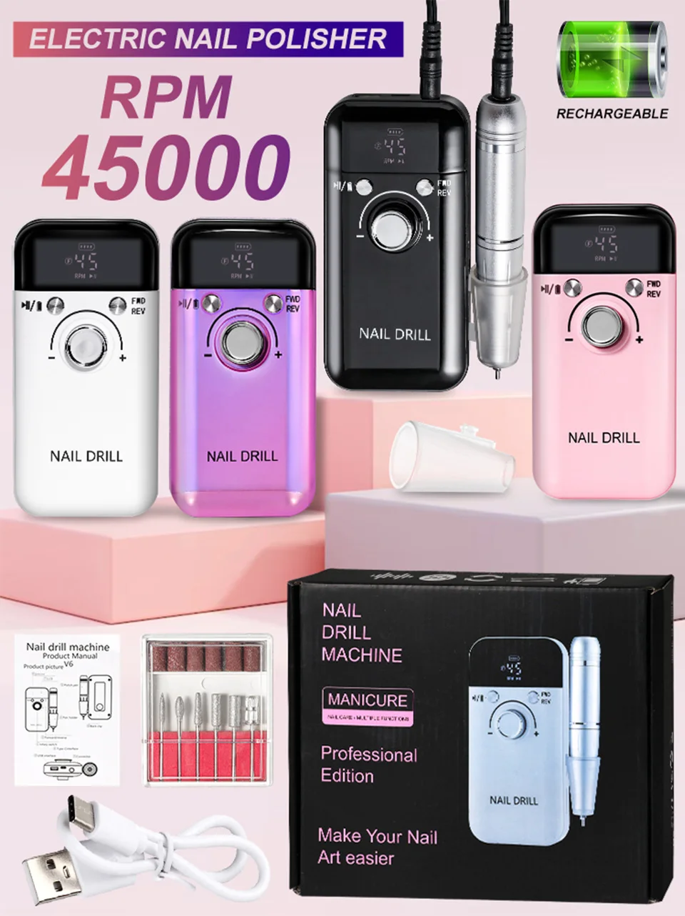 Description Picture 2 of item45000RPM Electric Nail Drill Machine Professional Nail Drills for Gel Nails Polish Rechargeable Portable Nail File Manicure Tool