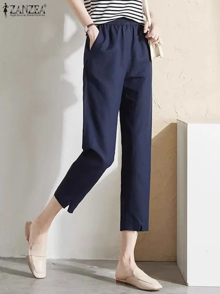 

Летние модные брюки ZANZEA с разрезом, корейские повседневные укороченные брюки, женские длинные брюки с эластичным поясом и карманами, повседневные Прямые брюки