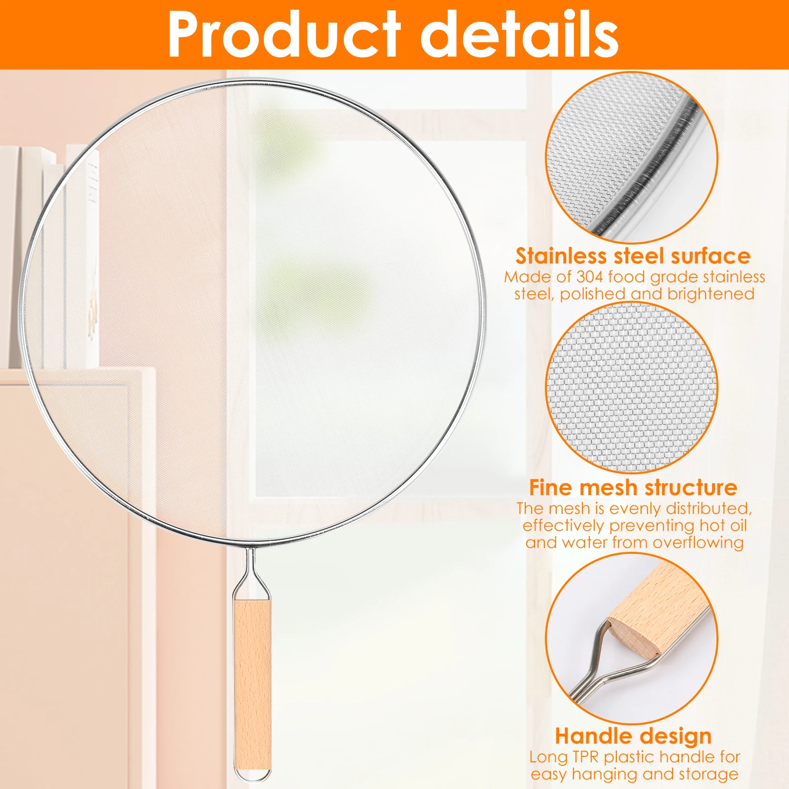 Frying Pan Splatter Screen Stainless Steel Splatter Guard with Handle Fine Mesh Oil Splatter Guard for Cooking Kitchen Supplies