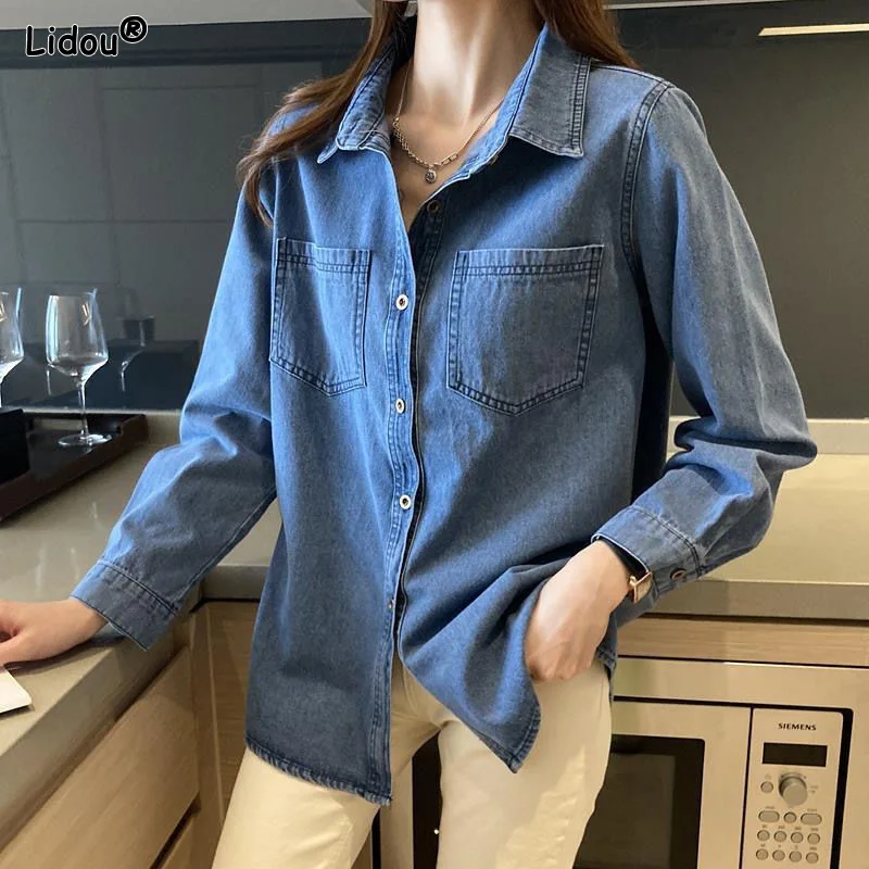 

Simplicity Regular Blouses Solid Button Casual Office Lady Formal Loose Thin Spring Autumn Turn-down Collar Women's Clothing