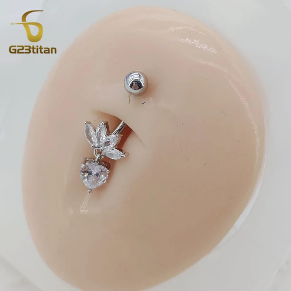 Belly Button Ring Jewelry G23titan Silver Color Lotus Flower Heart Shape Pendant Belly Ring 14G Medical Titanium Curved Barbell Navel Piercing Jewelry