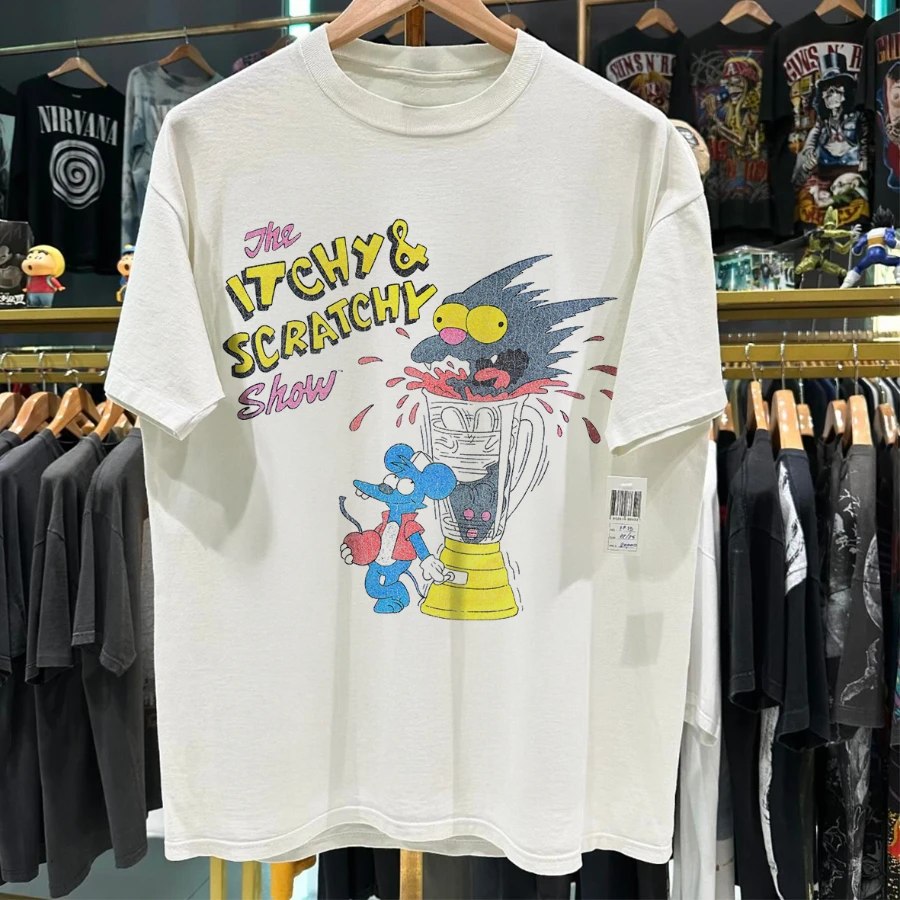 1994 Itchy & Scratchy „The Meat Grinder“ Vintage Washed White T-Shirt Sommer-Baumwoll-Print Lässiges Sport-Kurzarm-T-Shirt