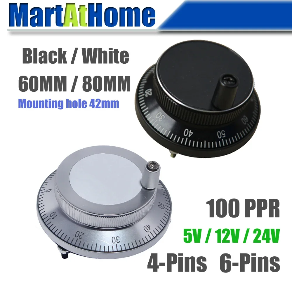 CNC Handwheel Encoder Manual Pulse Generator MPG DC 5V/12V/24V 100PPR 4-pins 6-pins Aluminum cnc handwheel