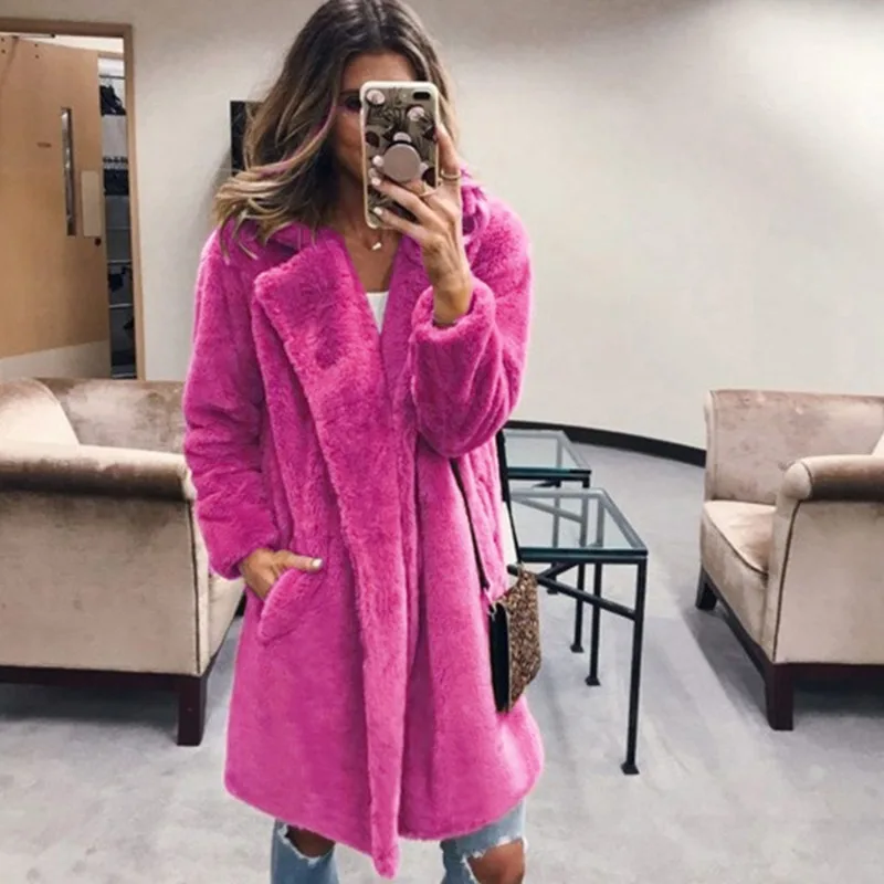 2023 New Women Imitation Fur Coat Mid-Length Suit Collar Slim-Fit Outcoat Fashion Solid Color Outwear Thicken Warm Casual Parkas 2021 new autumn winter men s suit collar woolen coat men fashion business casual striped mid length slim fit warm wool coat male