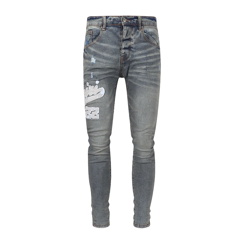 

AM New Arrivals Men's Blue Jeans Fashion Streetwear All-match Letter Patchwork Slim Jeans Casual Skinny Denim Pants for Men