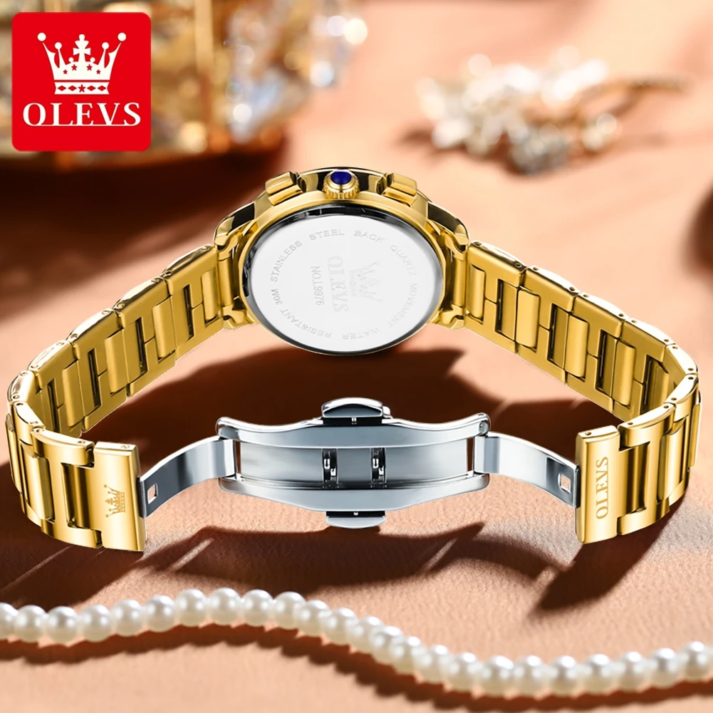 OLEVS New Luxury Gold Watch for Women Stainless Steel Waterproof Calendar Chronograph Quartz Watches Womens Relogio Feminino