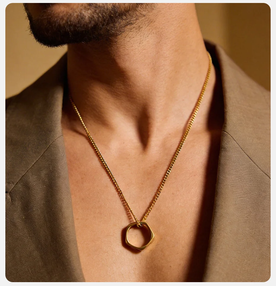 Vnox Größe 7-12 Fünfeckiger Ring-Anhänger Halskette, Schwarz Gold Silberfarben Edelstahl Kastenkette, Geburtstagsgeschenke für Männer – Detail 4