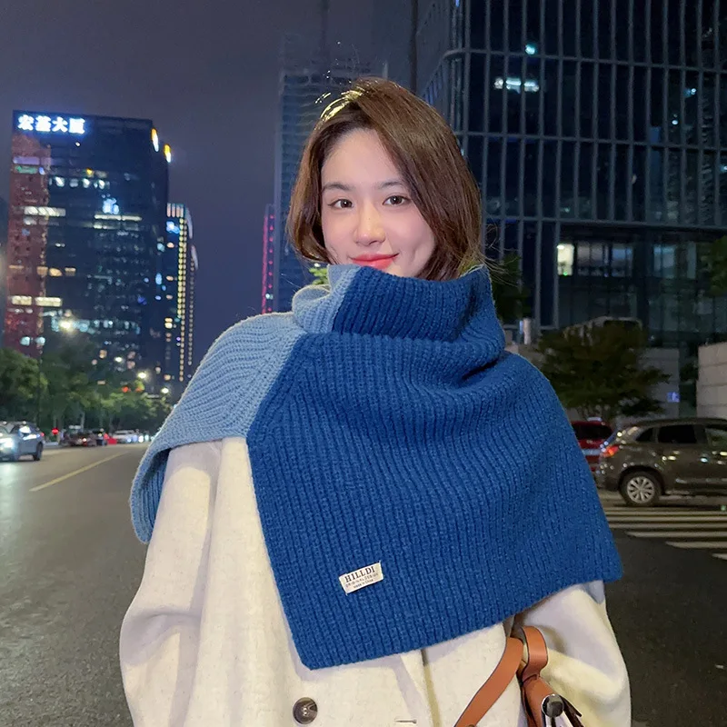 

Poncho Cloak Autumn and Winter New Split High Neck Shawl Wrapped with Women's Korean Versatile Knitted Cape Shawl Blue