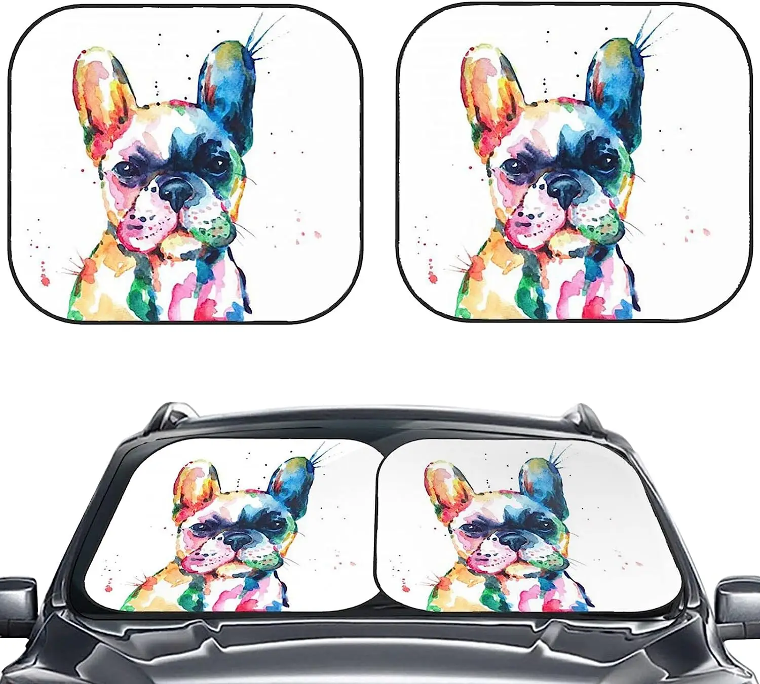 

Watercolor French Bulldog Car Windshield Sun Shade Auto Foldable 2pcs Window Sunshades for Most Windshield Fodable Sun Visor