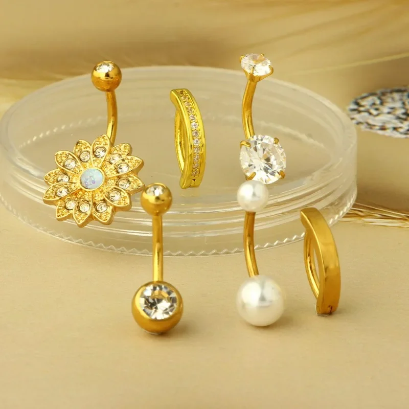 Belly piercing set Stainless Steel Gold Belly Piercing Set 14G Butterfly Belly Button Ring Bulk Sexy Navel Piercing Bar Pack Pearl Ring Lot