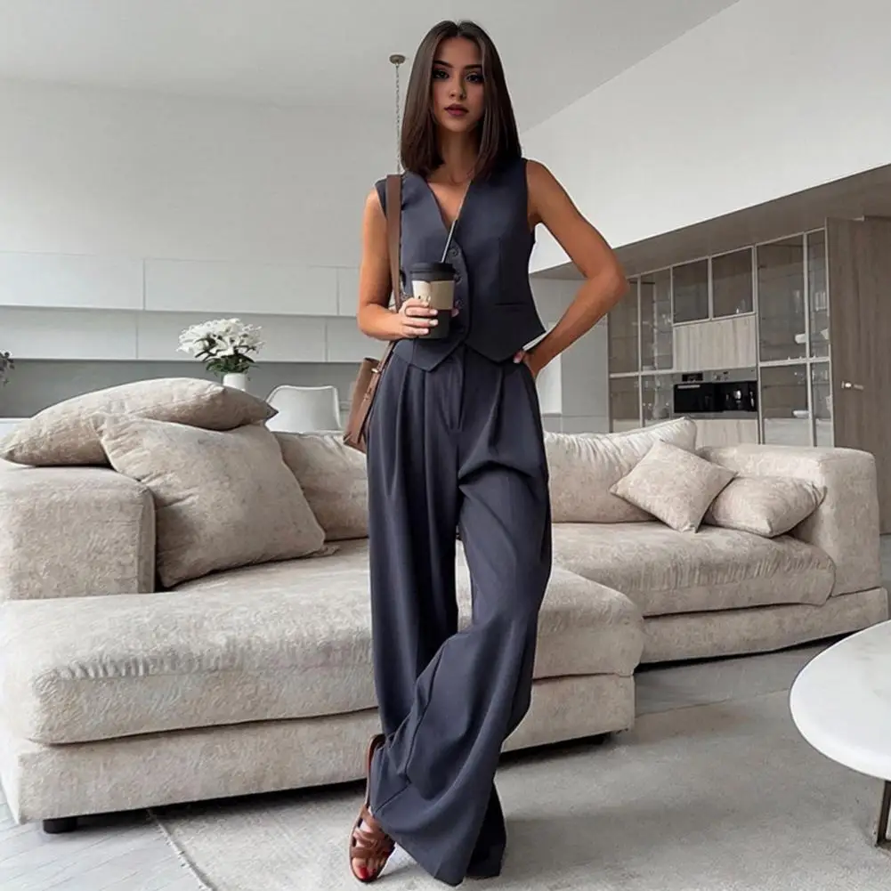 Wide-leg Pants Set Chic Women's V Neck Vest Pants Suit Elegant Single-breasted Sleeveless High Waist Wide Leg Ol for Formal