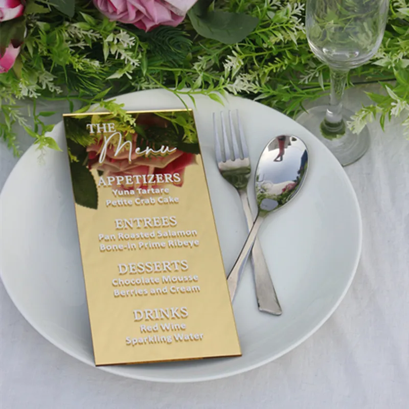 Cartão acrílico personalizado do menu para o casamento, cartão do menu, cartão de recepção do casamento, cartão acrílico do detalhe do casamento