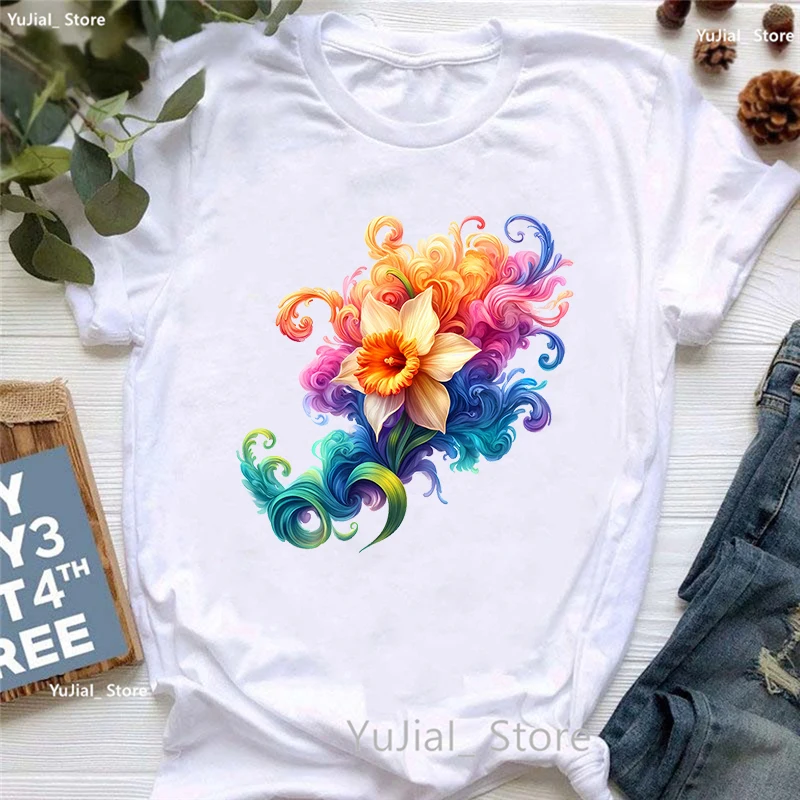 Bunte Rauch blume gedruckt T-Shirt T-Shirt Damen bekleidung Sommer mode Kurzarm T-Shirt Femme lässig weiß T-Shirt – Detail 6