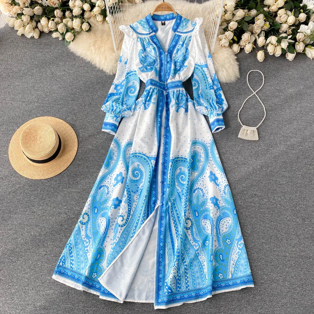 

Palace Style Dress Luxury Big Brand Stunning Dress High Sense Positioning Printing Waist Closing Big Swing Long Dress Woman