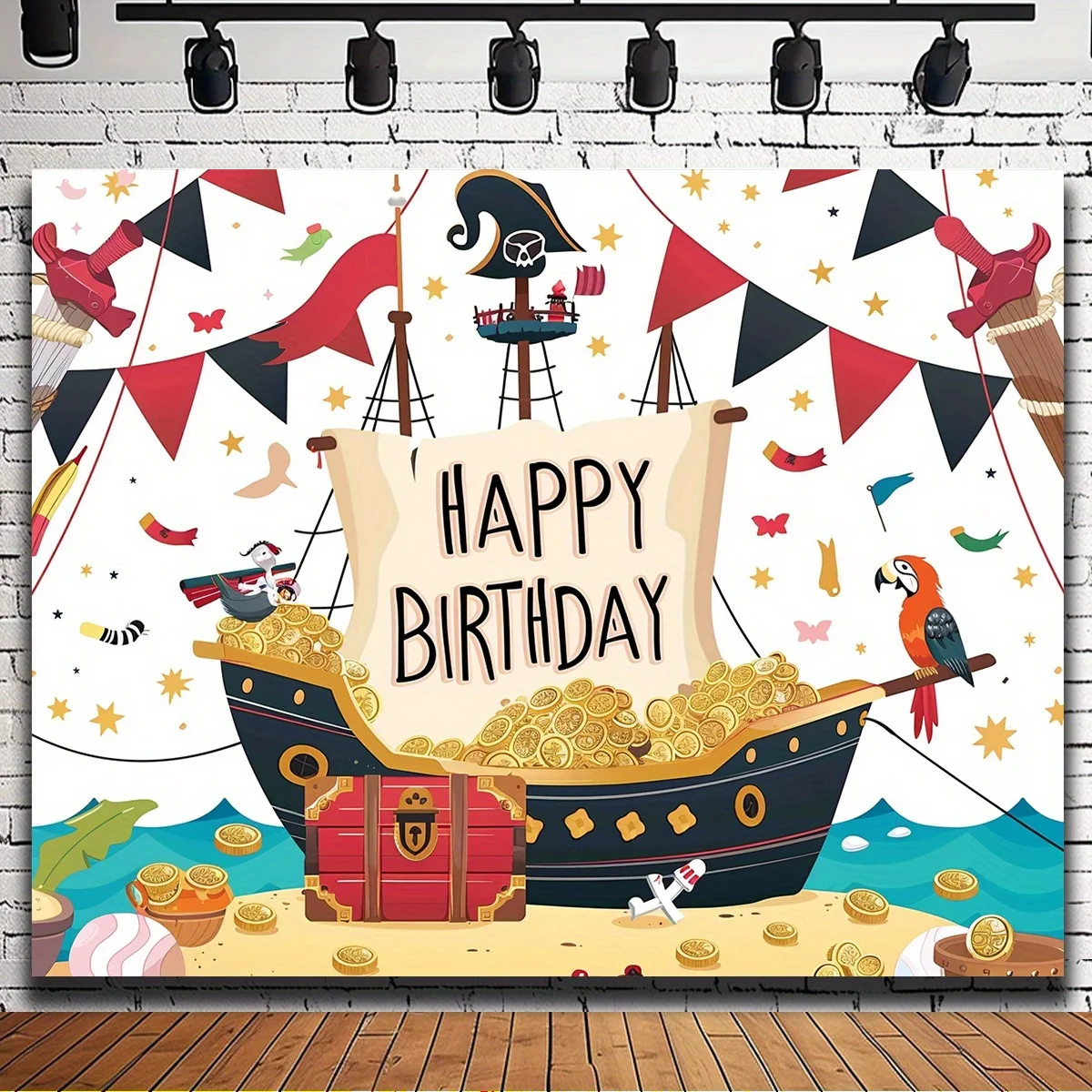 Piratenschiff alles Gute zum Geburtstag Hintergrundtuch, Cartoon niedliche Ozean-Stil Seemann Karibik Dekoration