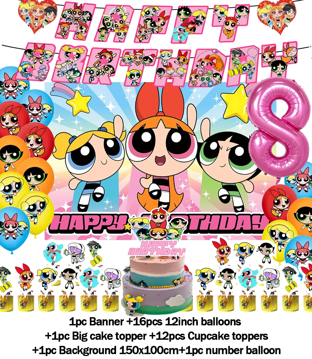 The Powerpuff Girls Geburtstagsparty-Dekorationshintergrund, großäugiger, süßer Kinderhintergrund, Ballonbanner, Babyparty, Kindergeschenkzubehör – Detail 8
