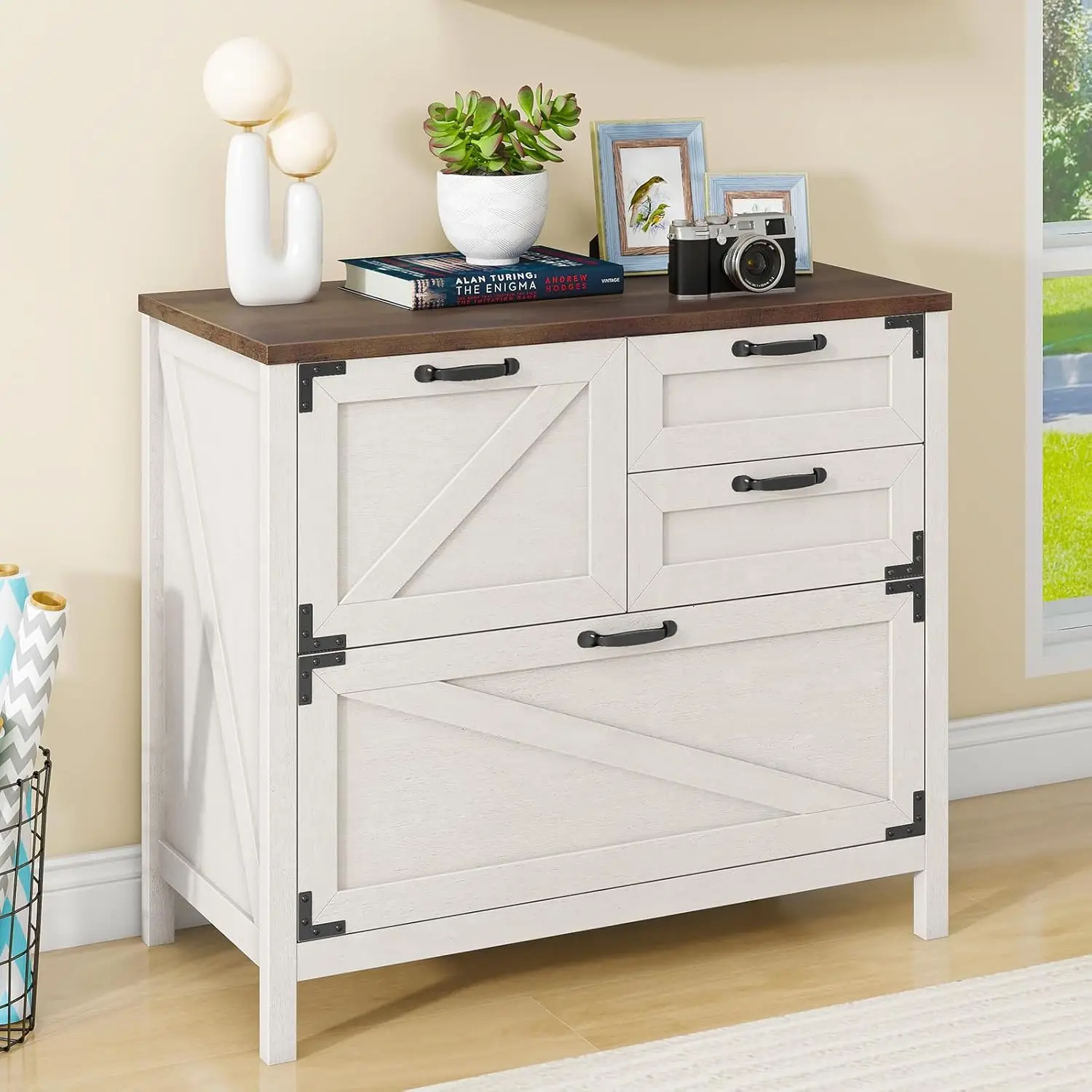 File Cabinet with 4 Drawers Farmhouse File Cabinet for Letter/Legal/A4 Size Hanging Files, Large Wood File Storage Cabinets