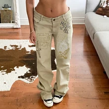 

Vintage Print Y2K Low Waist Denim Jeans Aesthetic 90s Grunge Trousers Women Retro Straight Sweatpants Harajuku Outfits