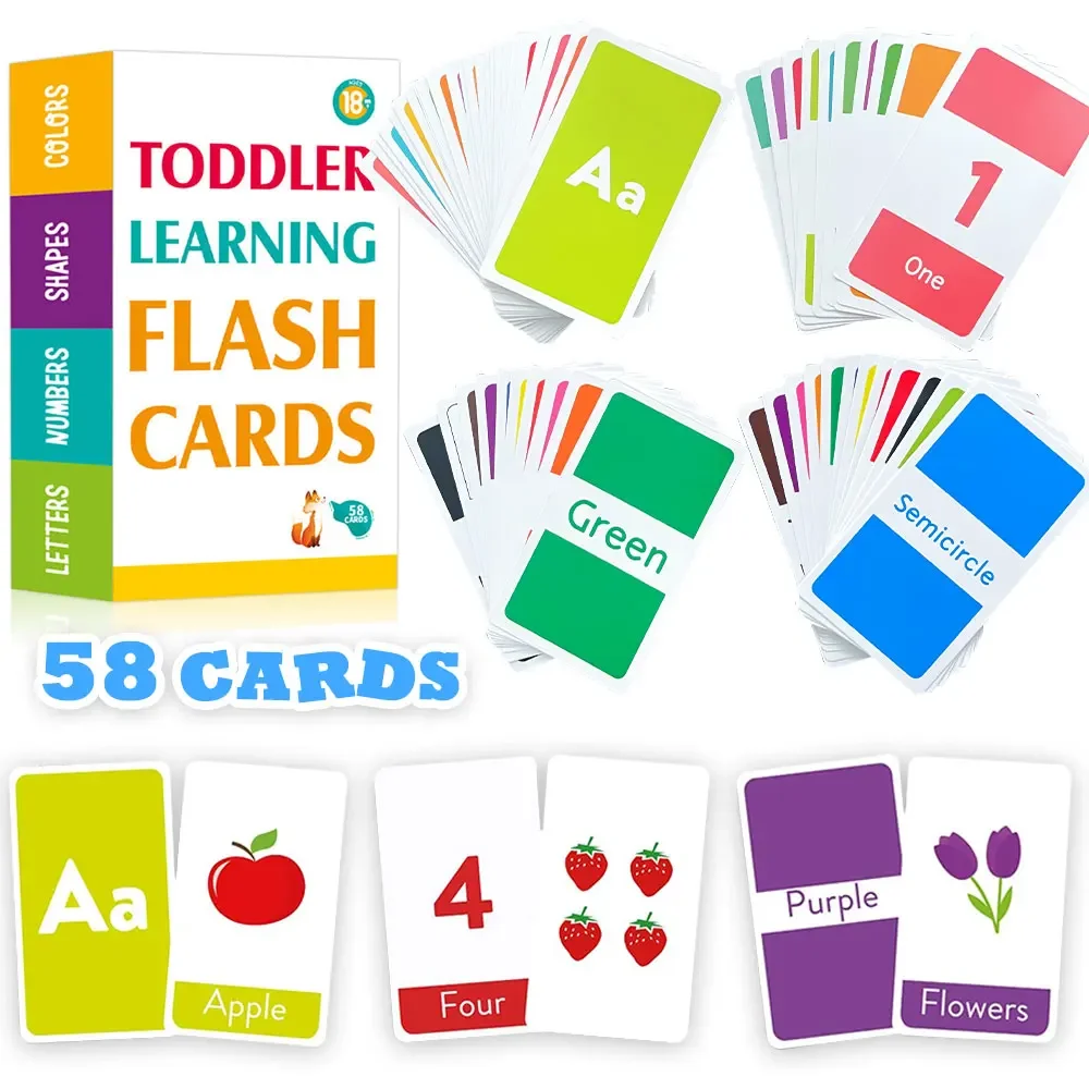 

Montessori Letter Numbers Shapes Colors English Words Learning Flashcard for Toddlers Kids Teacher Teaching Aids 58 Cards in Set